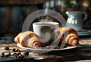 Cup of hot aroma coffee and croissant on wooden table. Breakfast