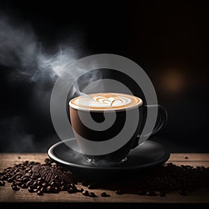 cup of hot black coffee with smoke on wooden table on dark background generative by AI