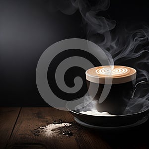 cup of hot black coffee with smoke on wooden table on dark background generative by AI