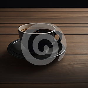 cup of hot black coffee with smoke on wooden table on dark background generative by AI