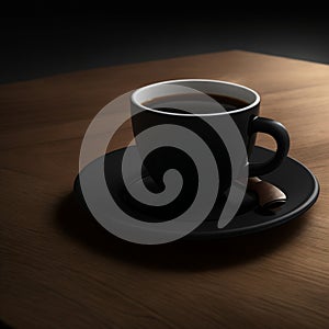 cup of hot black coffee with smoke on wooden table on dark background generative by AI