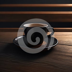 cup of hot black coffee with smoke on wooden table on dark background generative by AI