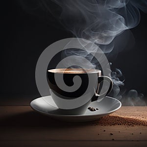 cup of hot black coffee with smoke on wooden table on dark background generative by AI