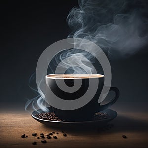 cup of hot black coffee with smoke on wooden table on dark background generative by AI