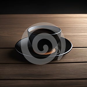 cup of hot black coffee with smoke on wooden table on dark background generative by AI