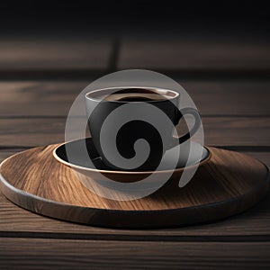 cup of hot black coffee with smoke on wooden table on dark background generative by AI