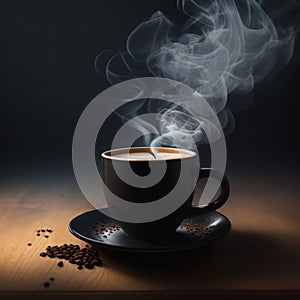 cup of hot black coffee with smoke on wooden table on dark background generative by AI