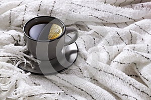 Cup of hot black tea with lemon on the warm woolen scarf.Fall and winter mood with cup of tea