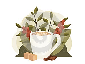 Cup of hot cappuccino with coffee beans and sugar cubes illustration. Coffee berries and leaves. Stock vector.