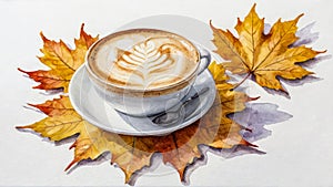 Cup of hot cappuccino stands on yellow maple leaf. Cozy autumn moment. Cappuccino foams luxuriantly in cup, its aroma fills air