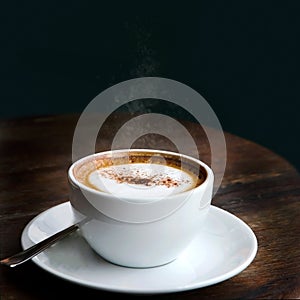 A Cup of Hot Cappuccino on Wooden Table