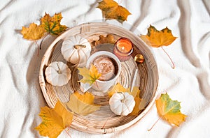 Cup with Hot Chocolate Autumn Time Pumpkin Yellow Leaves Candle