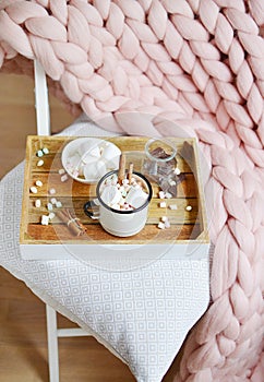 Cup with hot chocolate, bowl with marshmallows, jar with chocolate, pink pastel giant plaid