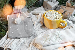 Cup of cacao with Marshmallows, grey hotty on christmas tree and sweater background.