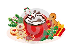 Cup of hot chocolate and christmas gingerbread cookies vector illustration