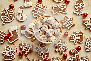 Cup of hot chocolate and Christmas shaped gingerbread cookies