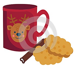 Cup of hot chocolate with cinamon stick and cookiesCup of hot chocolate with cinamon stick and cookies illustration vector on
