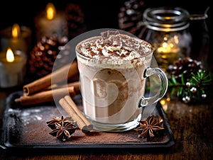 Cup of hot chocolate with cinnamon and cinnamon sticks