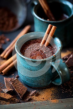 Cup of hot chocolate with a cinnamon stick