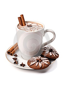 Cup of hot chocolate with cinnamon sticks and cookies.