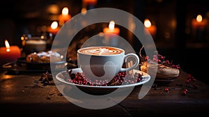 Cup of hot chocolate with cinnamon sticks on a wooden table