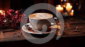 Cup of hot chocolate with cinnamon sticks on a wooden table