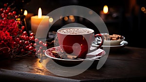 Cup of hot chocolate with cinnamon sticks on a wooden table