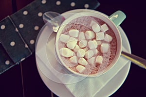 Cup of hot chocolate cocoa drink with marshmallows