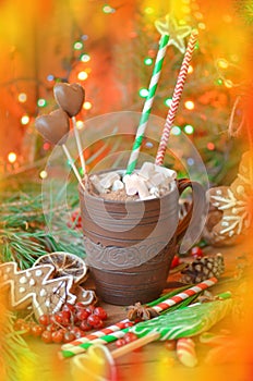 Cup of hot chocolate or cocoa with gingerbread. Christmas Holiday background.