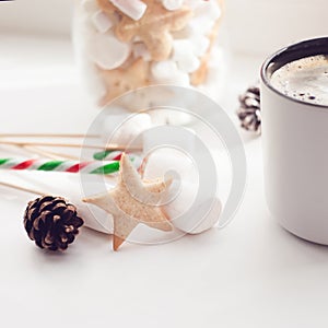 Cup of hot Chocolate drink Cup of hot drink and christmas seasonal sweets on windowsill. winter holiday breakfast background