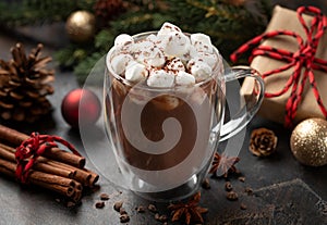 Cup of hot chocolate with holiday background