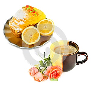 Cup with hot chocolate and and lemon cake isolated on white. ÃÂ¡ollage photo