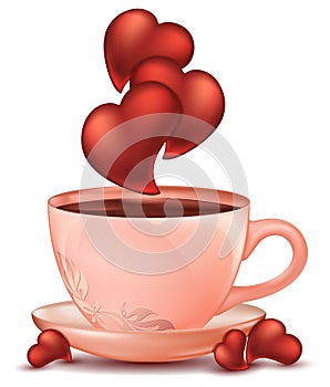 A cup of hot chocolate with love hearts white background. Realistic pink kitchenware cup on the saucer with floral ornament