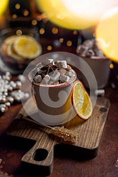 Cup of hot chocolate, marshmallow, cinnamon sticks and gingerbread close up