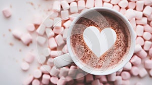 A cup of hot chocolate with marshmallows and a heart shape, AI