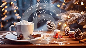 Cup of hot chocolate with marshmallows on a rustic wooden table, cozy Christmas atmospher