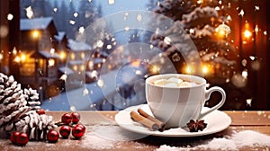 Cup of hot chocolate with marshmallows on a rustic wooden table, cozy Christmas atmospher