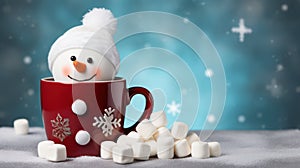 Cup of hot chocolate with marshmallows and snowman on winter background Generative AI