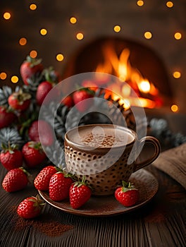 a cup of hot chocolate near a fireplace with strawberry