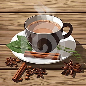cup of hot chocolate with spices on wooden background vector illustration ilustraÃ§Ã£o