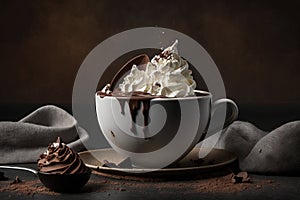 a cup of hot chocolate with whipped cream and chocolate sauce on a saucer with a spoon on a dark sur