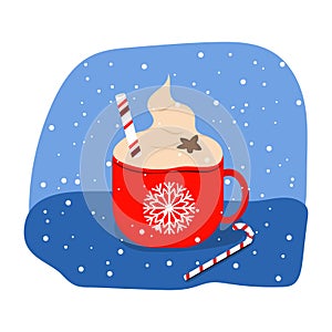 A cup of hot chocolate with whipped cream, red with a snowflake design. Christmas card design element. Vector