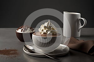 a cup of hot chocolate with whipped cream and a spoon on a plate next to a cup of coffee and a mug o