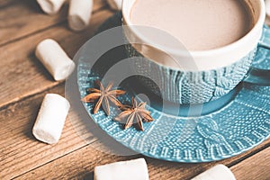 Cup of hot chocolate in winter decorations on the rustic background