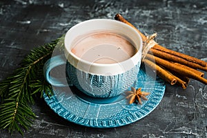 Cup of hot chocolate in winter decorations on the rustic background