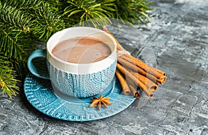 Cup of hot chocolate in winter decorations on the rustic background