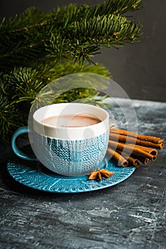 Cup of hot chocolate in winter decorations on the rustic background