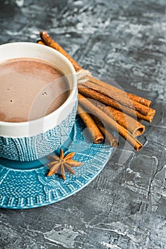 Cup of hot chocolate in winter decorations on the rustic background