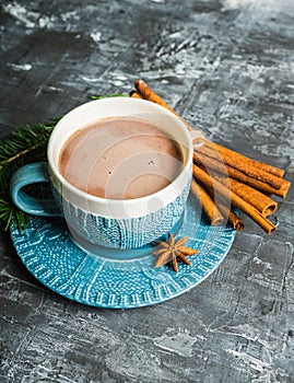 Cup of hot chocolate in winter decorations on the rustic background
