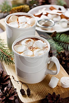 Cup of hot cocoa or chocolate with marshmallows on wooden background